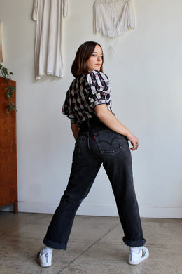 1980s Striped Floral Puff Sleeve Blouse