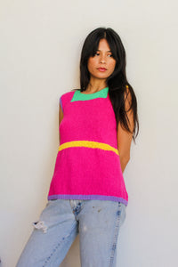1970s Hand Knit Color Block Tunic Blouse