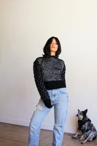 1970s Black Lurex Hand Knit Mohair Sweater
