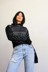 1970s Black Lurex Hand Knit Mohair Sweater