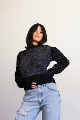 1970s Black Lurex Hand Knit Mohair Sweater