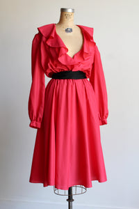 1970s Neon Pink Ruffle Dress