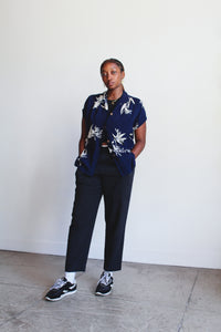 1980s Blue Batik Floral Print Button Up Blouse