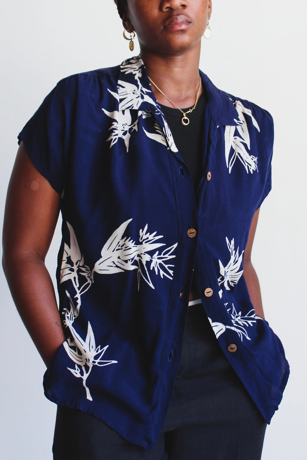 1980s Blue Batik Floral Print Button Up Blouse