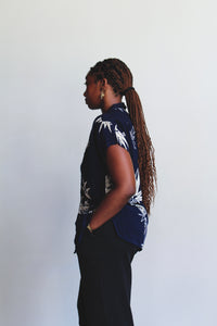 1980s Blue Batik Floral Print Button Up Blouse