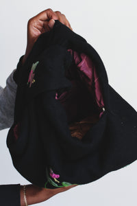 1940s Black Wool Floral Embroidered Handbag
