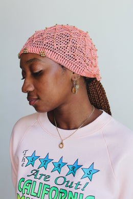 1960s Peach Gold Beaded Chrochet Knit Beret Cap