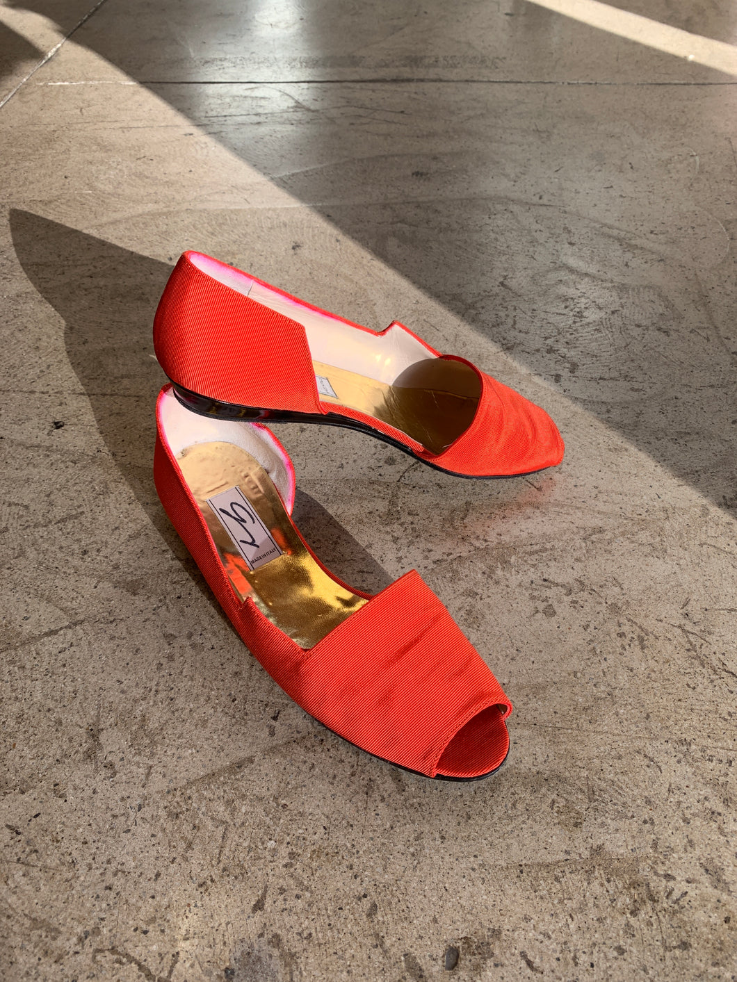 1980s Blood Orange Raw Silk Slip Ons