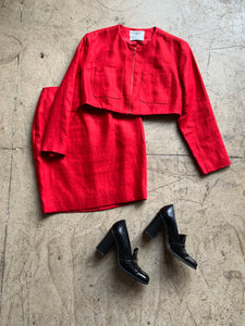1980s Michael Kors Red Linen Skirt Suit
