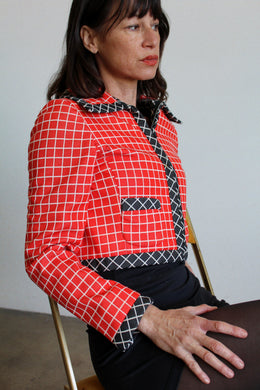 1960s Black & Red Grid Print Knit Cropped Jacket