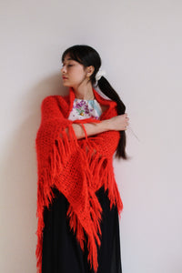 1970s Neon Red Crochet Knit Shawl