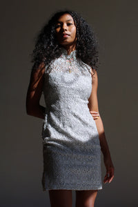 Silver Lurex Crochet Cheongsam Qipao Mini