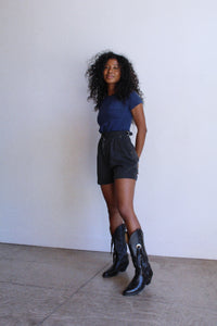 1980s Black Cotton Buckle Waist Cuffed Shorts