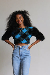 1980s Hand Knit Fuzzy Checkered Sweater