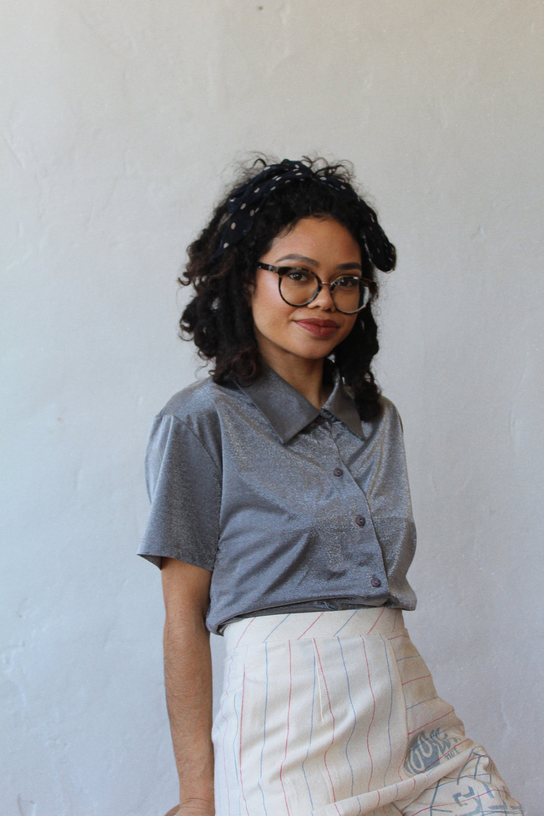 1990s Gunmetal Metallic Grey Button Up Blouse