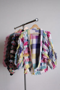 Paula Sweet Muslin Mink Art to Wear Pastel Cotton Fringe Cardigan Sweater