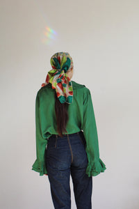1980s Green Silk Ruffle Blouse