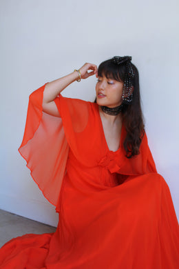 1970s Orange Silk Chiffon Capelet Maxi Dress
