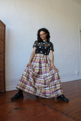 Laura Ashley Raw Silk Plaid Full Pleated Maxi Skirt