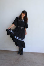 Load image into Gallery viewer, 1970s Black &amp; White Appliqué Gauze Dress w/ Ballon Sleeves