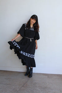1970s Black & White Appliqué Gauze Dress w/ Ballon Sleeves
