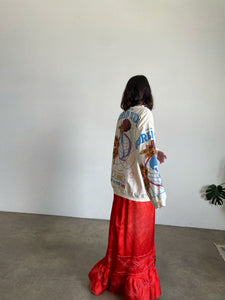 Antique Red Silk Satin Metallic Embroidered Floor Length Shoestring Skirt