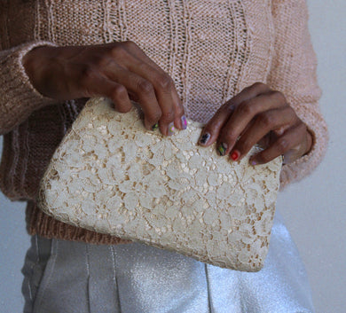 1950s Ecru Lace & Gold Handbag w/ Coin Purse