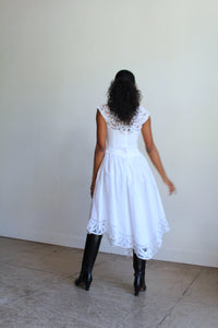 1980s White Irish Linen & Lace Cutout Dress