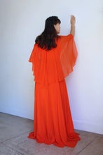 Load image into Gallery viewer, 1970s Orange Silk Chiffon Capelet Maxi Dress