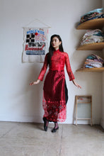 Load image into Gallery viewer, Vintage Sheer Scarlet Pink Ao Dai Dress w/ Glitter Appliqués