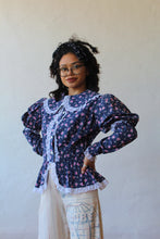 Load image into Gallery viewer, 1970s Navy Blue Floral Print &amp; Lace Blouse with Juliet Sleeves