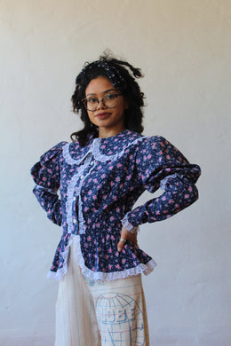 1970s Navy Blue Floral Print & Lace Blouse with Juliet Sleeves