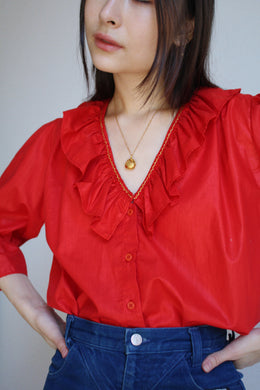 1980s Red Polished Cotton Blouse