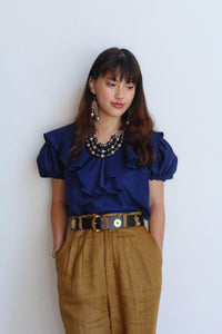 1990s Navy Blue Silk Ruffle Collar Blouse