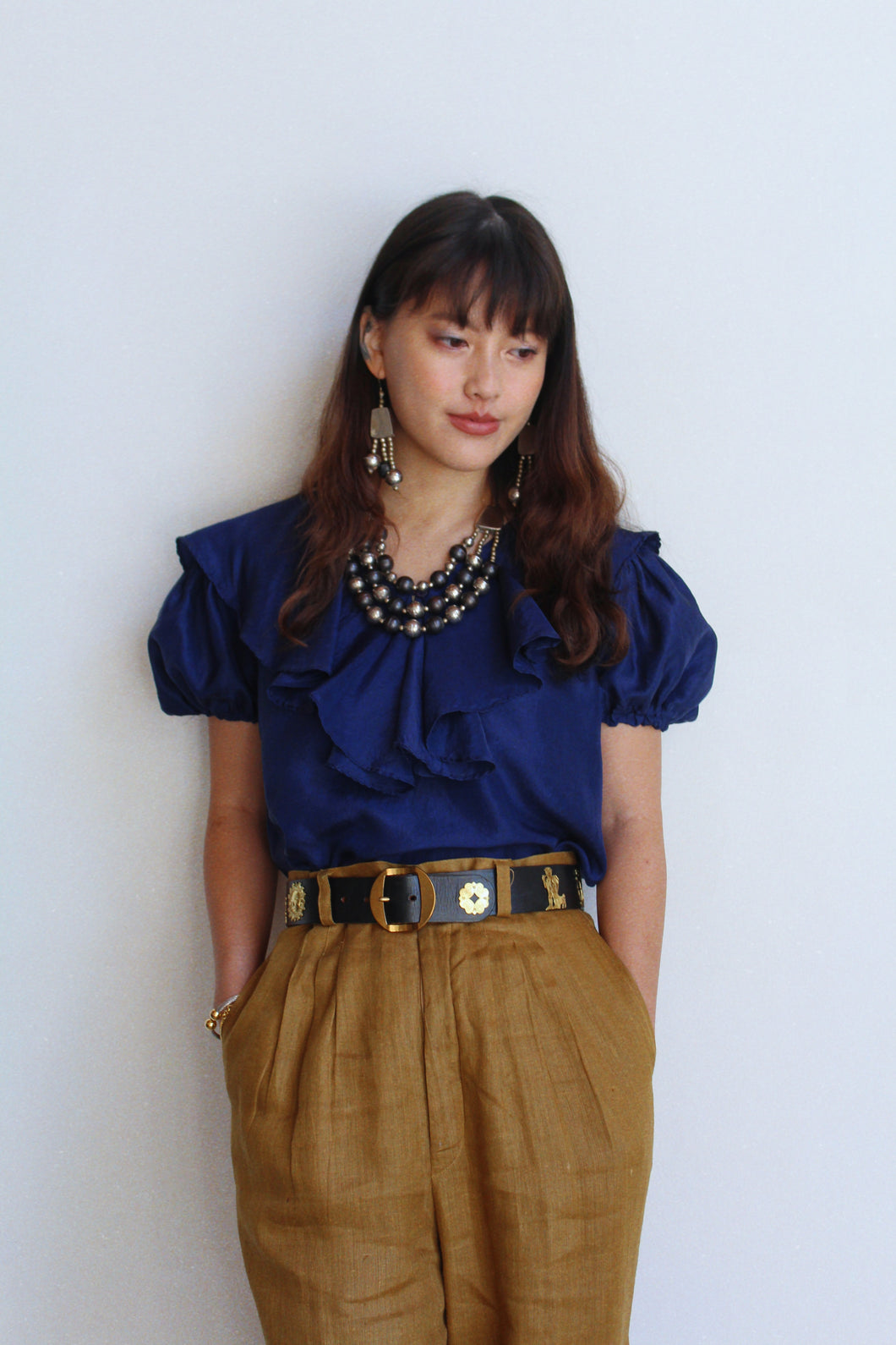 1990s Navy Blue Silk Ruffle Collar Blouse