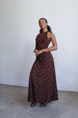 1970s Brown Knit Floral Print Sundress