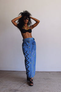 1980s Painted Denim Skirt and Belt
