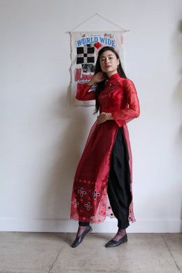 Vintage Sheer Scarlet Pink Ao Dai Dress w/ Glitter Appliqués