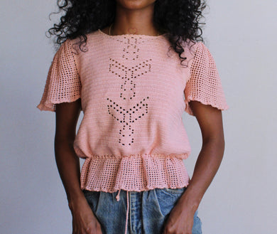 1970s Peach Butterfly Crochet Blouse