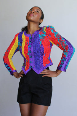 1980s Jeanne Marc Colorful Silk Quilted Jacket