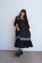 Load image into Gallery viewer, 1970s Black &amp; White Appliqué Gauze Dress w/ Ballon Sleeves