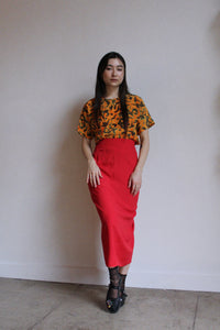 1980s Red Ruched Back Wiggle Skirt