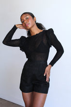 Load image into Gallery viewer, 1970s Black Pointelle Knit Ruffle Shoulder Blouse