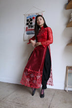 Load image into Gallery viewer, Vintage Sheer Scarlet Pink Ao Dai Dress w/ Glitter Appliqués