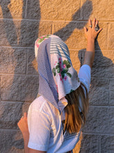 Load image into Gallery viewer, Patchwork Bonnet - Pink Floral w/ Grey Stripes