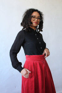 1970s Red Corduroy Pleated Midi Skirt