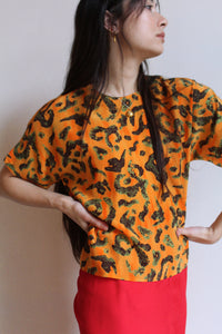 1980s Orange Silk Abstract Print Blouse