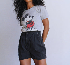 1980s Black Cotton Buckle Waist Cuffed Shorts