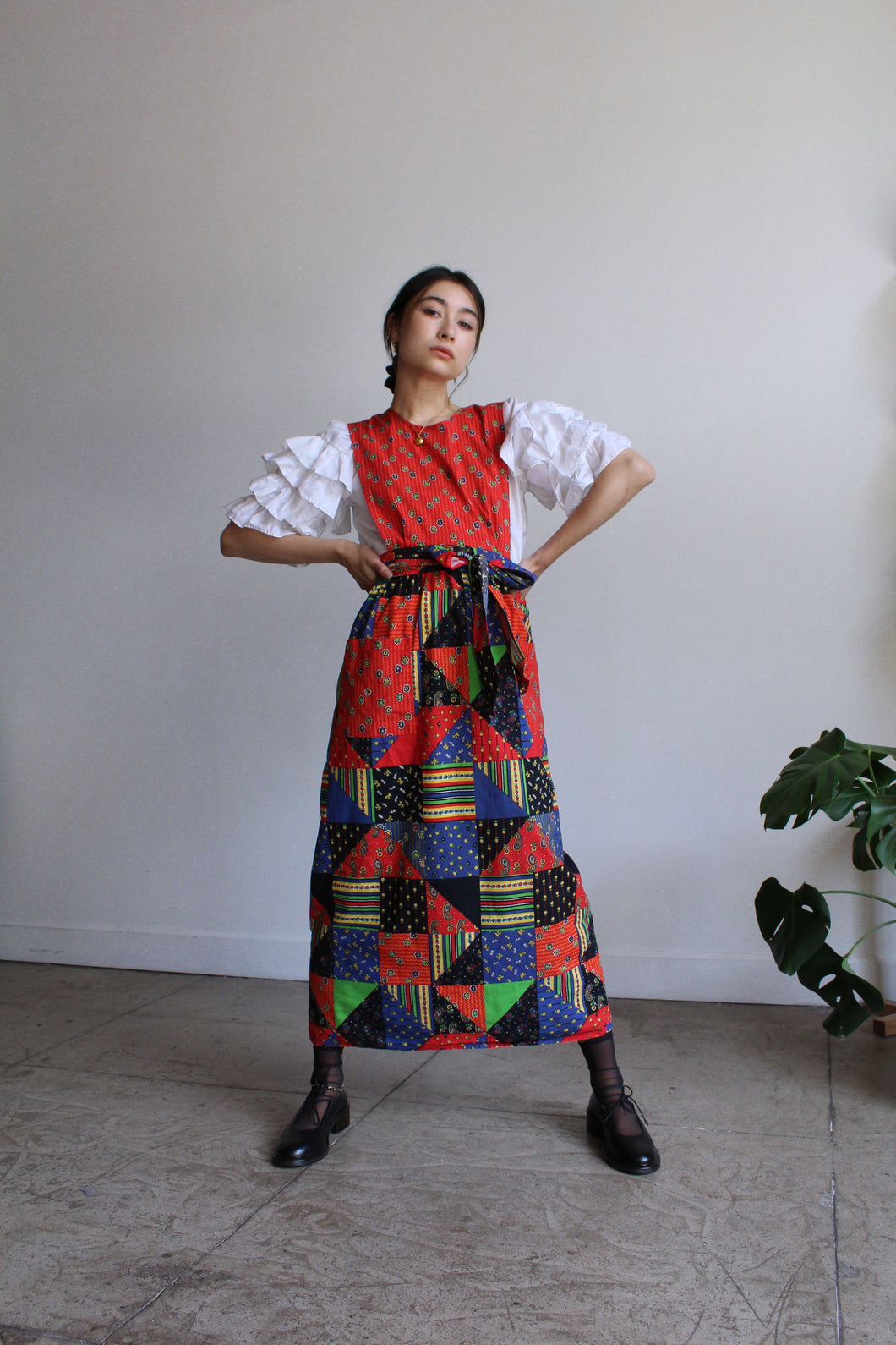 1970s Patchwork Pinafore Wrap Dress