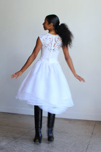 1980s White Irish Linen & Lace Cutout Dress